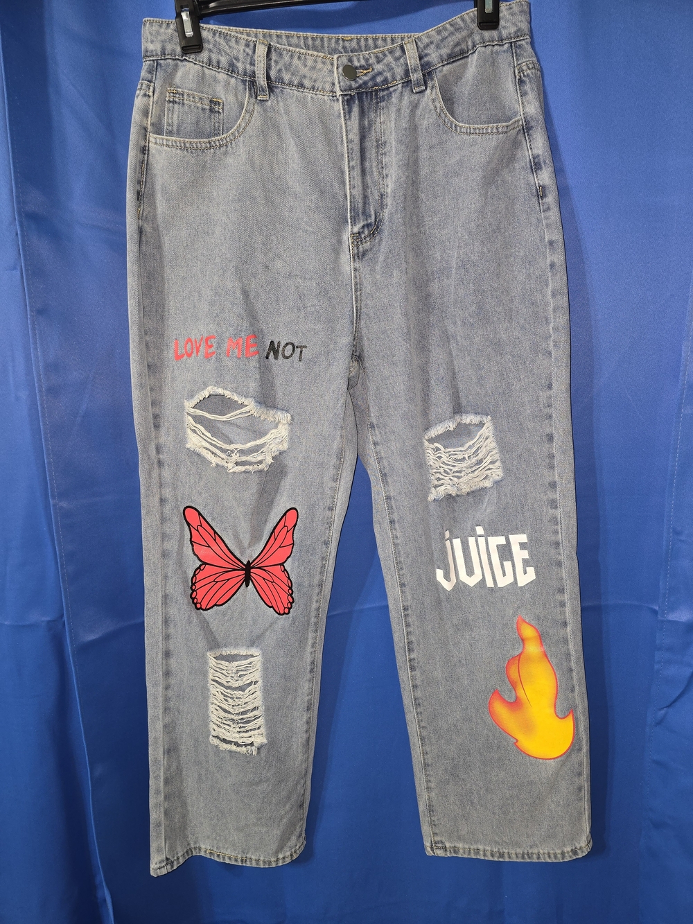 Graphic Patch Light Wash Women’s Jeans - Pink Butterfly & Flame